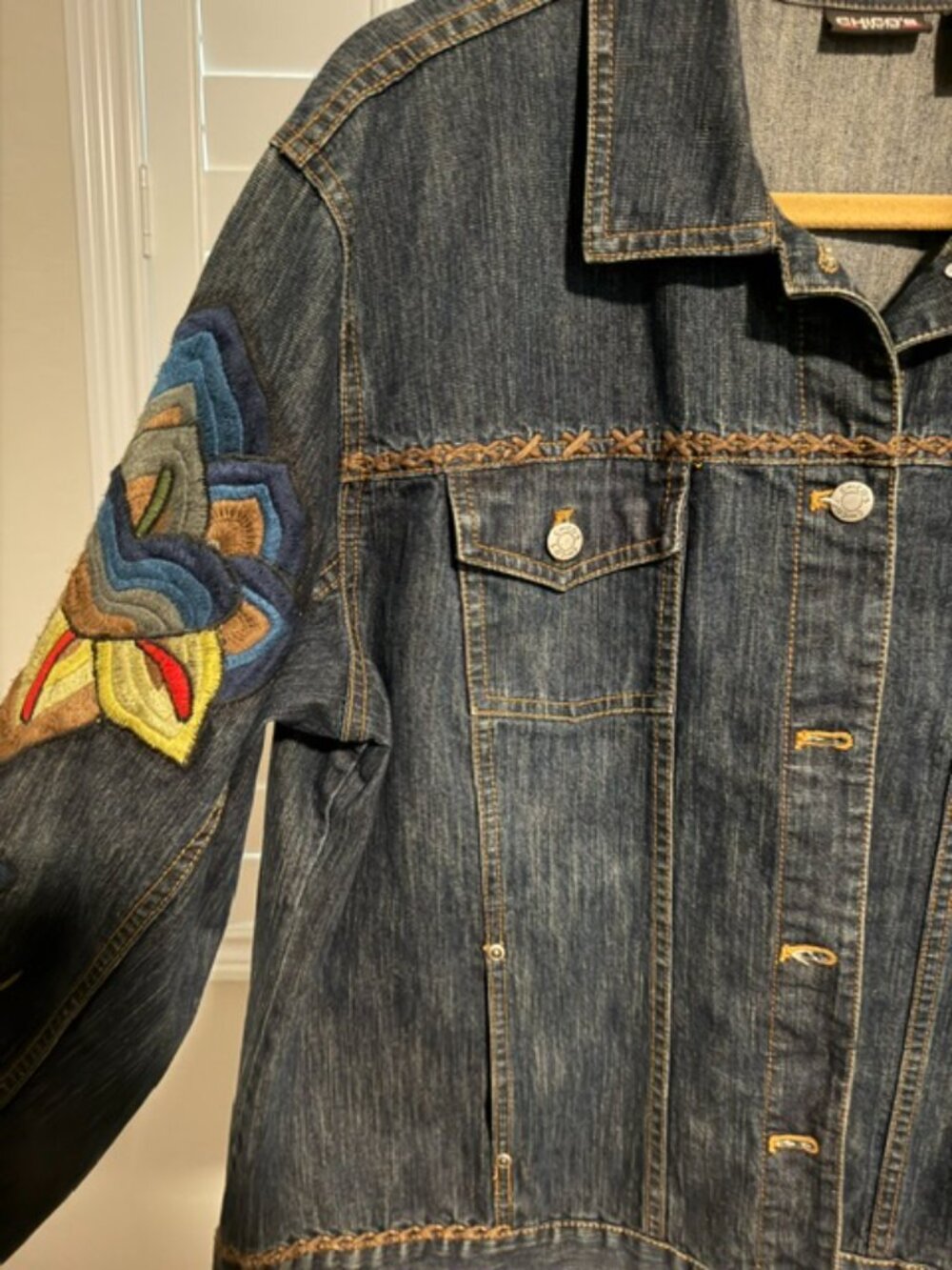 Chico's Embroidered Denim Jacket, Large Floral Back Patch Boho - Picture 2 of 4